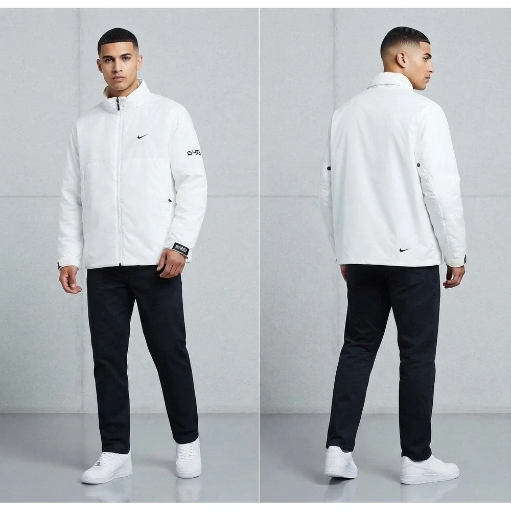 Nike 6.4.5.3. Mens XL White Insulated Full Zip Jacket Blue Quilted Lining Hooded